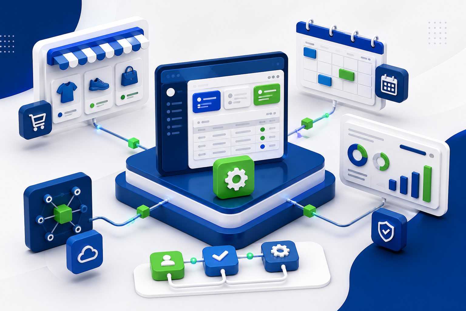 Sistemas sob medida com e-commerce, agenda, financeiro, APIs e dashboards
