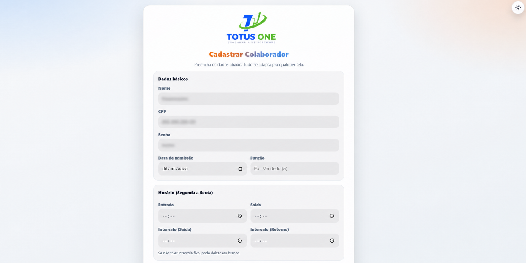 Cadastro de colaborador com dados anonimizados