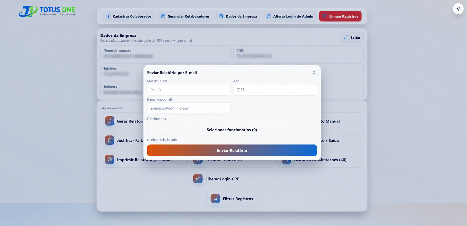 Modal para enviar relatório por e-mail no Sistema de Ponto