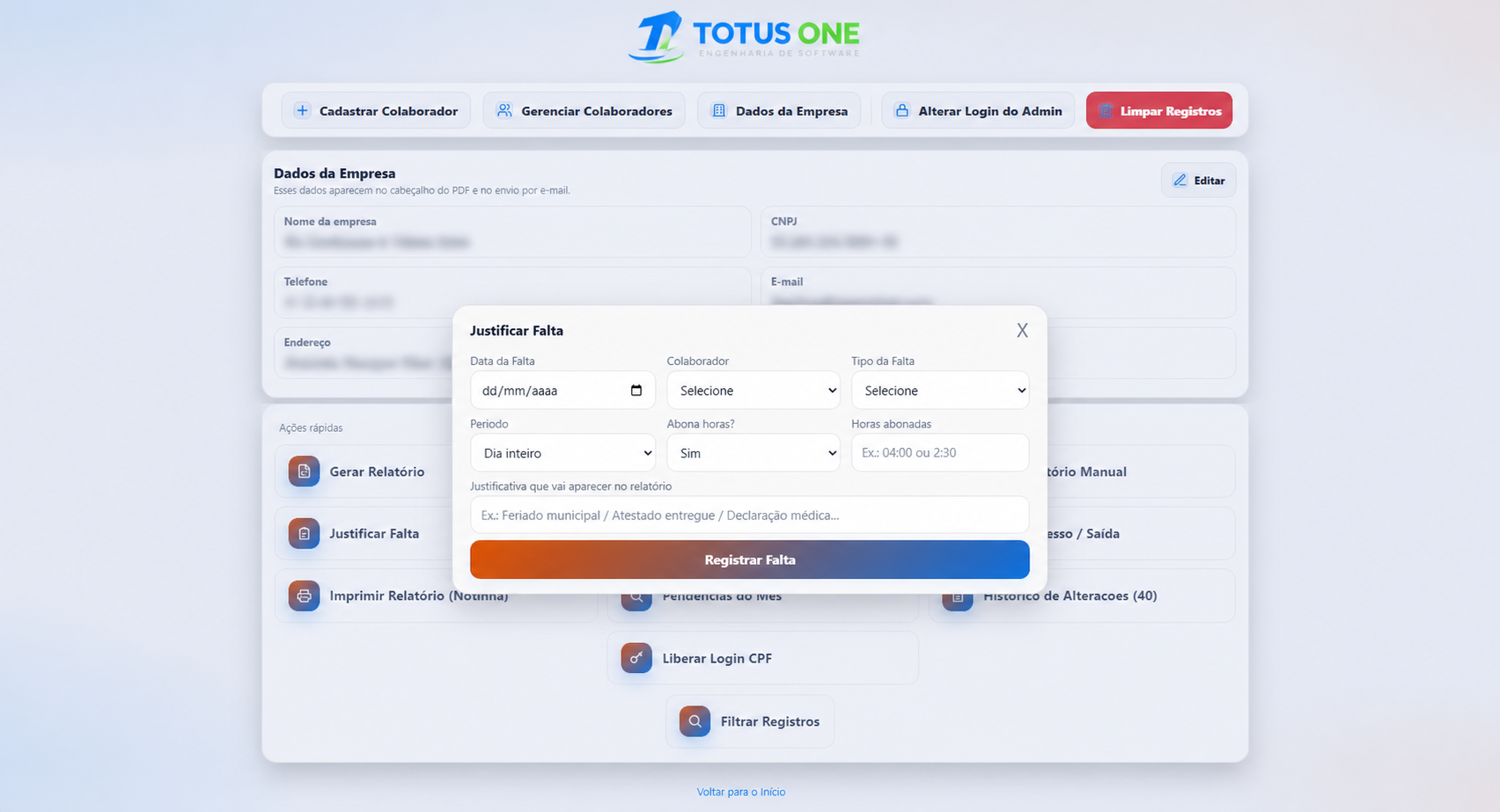 Modal para justificar falta no Sistema de Ponto