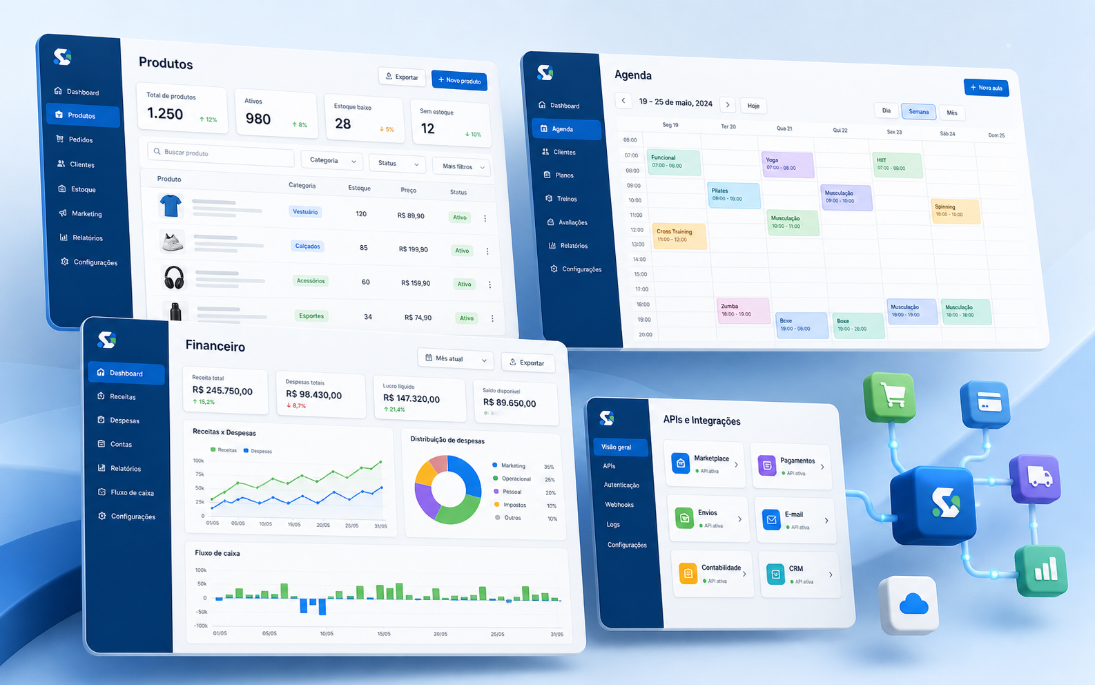 Sistemas sob medida com e-commerce, agenda, financeiro, dashboards e integrações